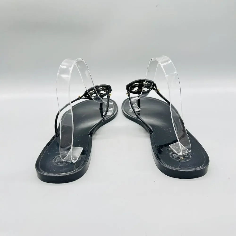 Tory Burch Sandals Womens 11 Black Rubber Jelly Thong Logo Medallion Shoes
